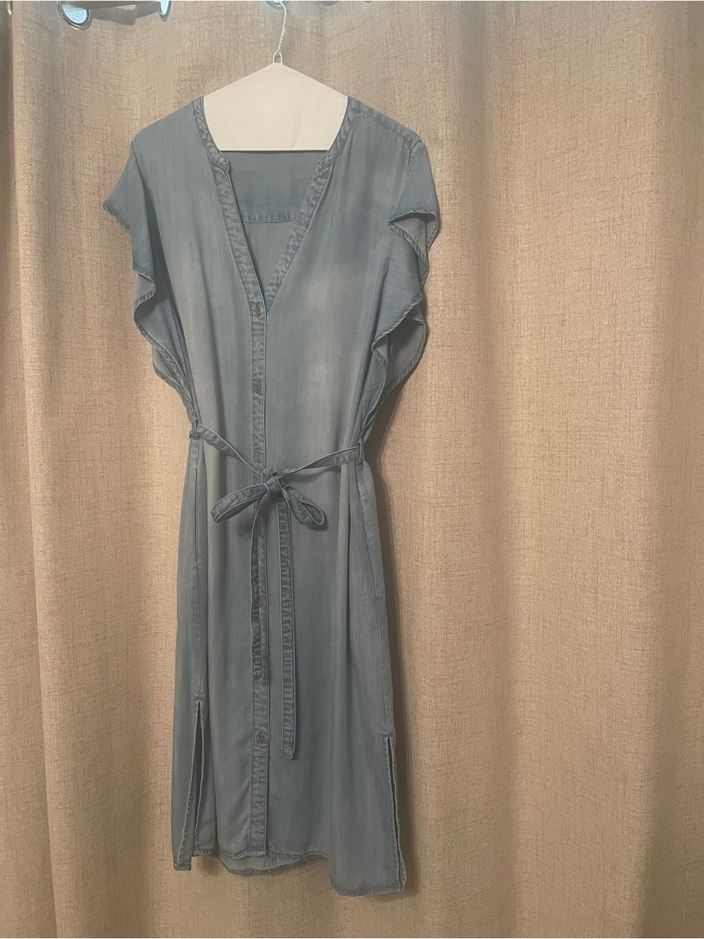 Light Denim Blue Button-Front Tie-Waist Midi summer Dress
